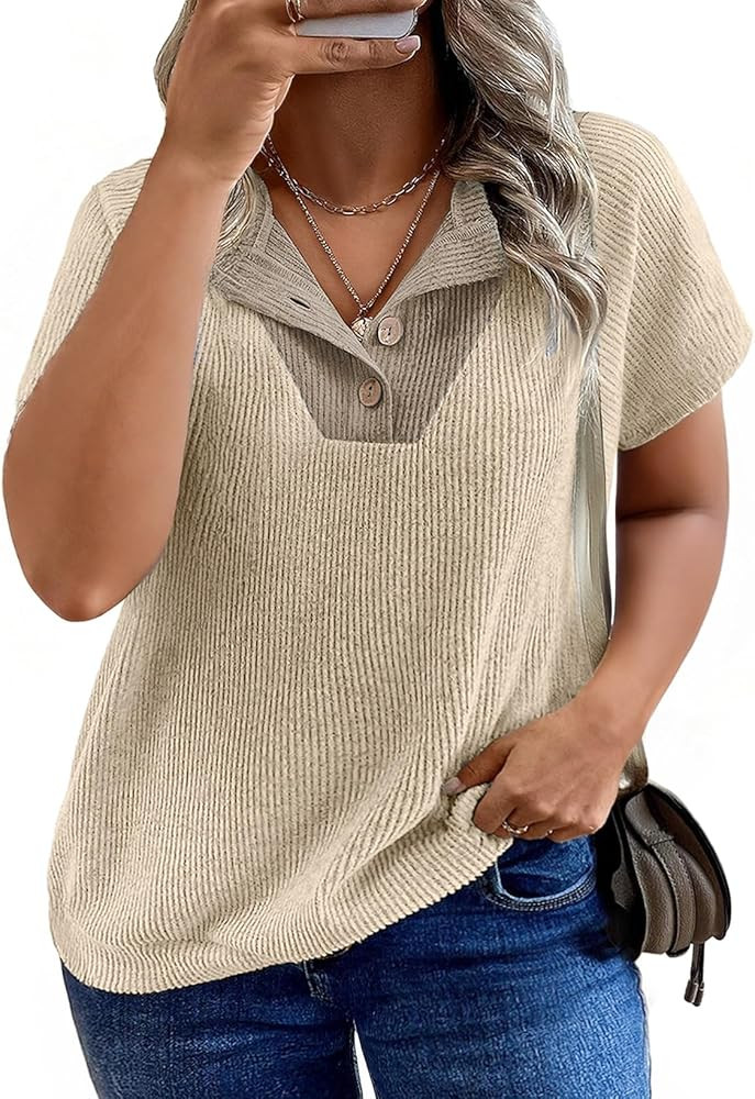 Eytino Plus Size Tops for Women Summer Casual Henley Shirts V Neck Short Sleeve Patchwork Button ... | Amazon (US)