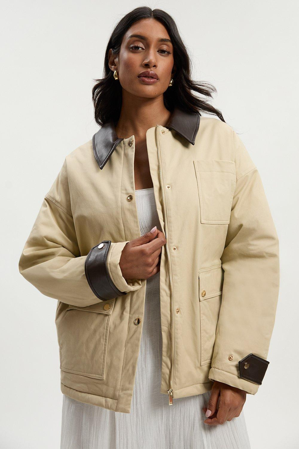 Quilted Contrast Collar Barn Jacket | Karen Millen UK + IE + DE + NL