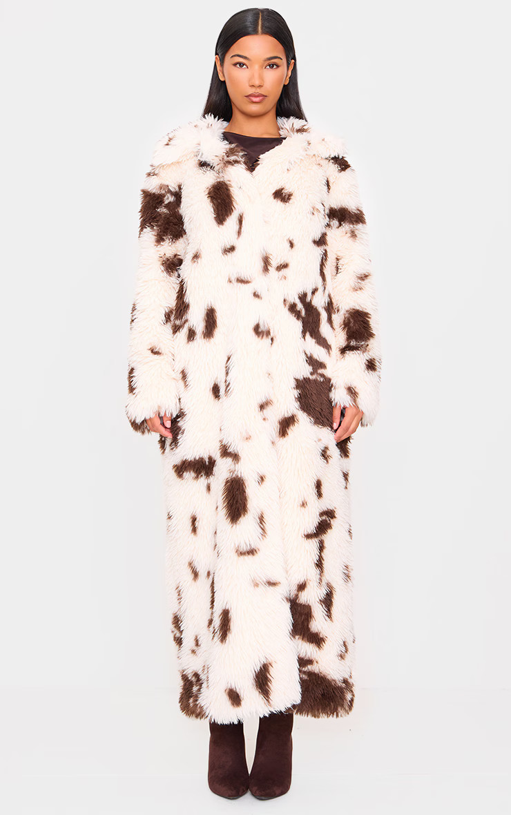 Cream Cow Print Shaggy Faux Fur Maxi Coat | PrettyLittleThing US