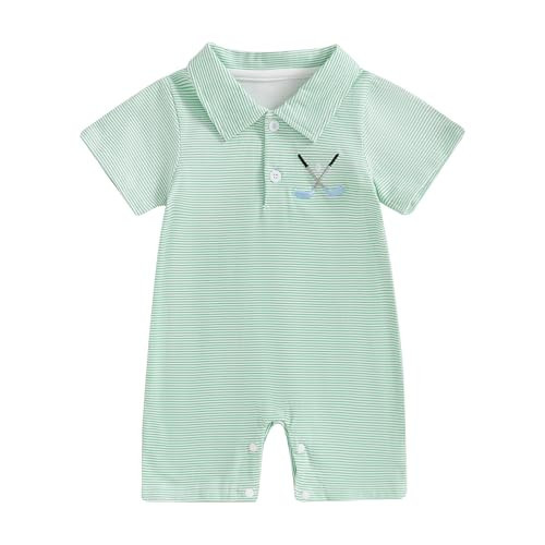 Dewadbow Baby Boy Golf Outfit Short Sleeve Golf Club Embroidery Collared Romper Lapel Button Striped Bodysuit Jumpsuit Clothes (Green, 12-18 Months) | Amazon (US)