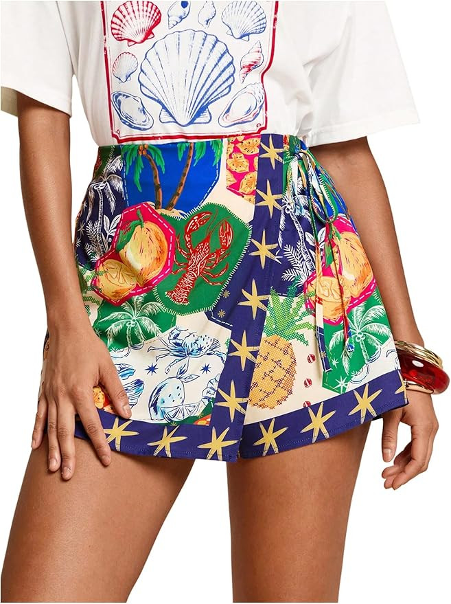 Women's Floral Graphic Skirt Shorts Drawstring Waist Tropical Boho Wrap Skorts | Amazon (US)