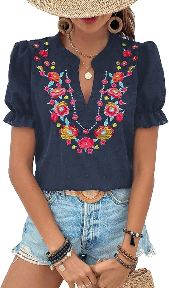 ZILIN Women's Casual Floral Embroidered V Neck Boho Short Puff Sleeve Shirts Loose Summer Blouses... | Amazon (US)