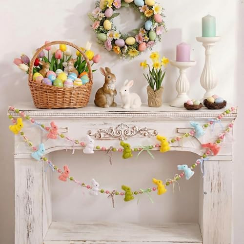 Gilprop Easter Decorations Garland Bunny Velvet Hanging Banner with Wooden Beads Pastel Bunny Decoration 4.92 ft Easter Garland for Mantel Fireplace Wall Indoor Spring Home Decor | Amazon (US)