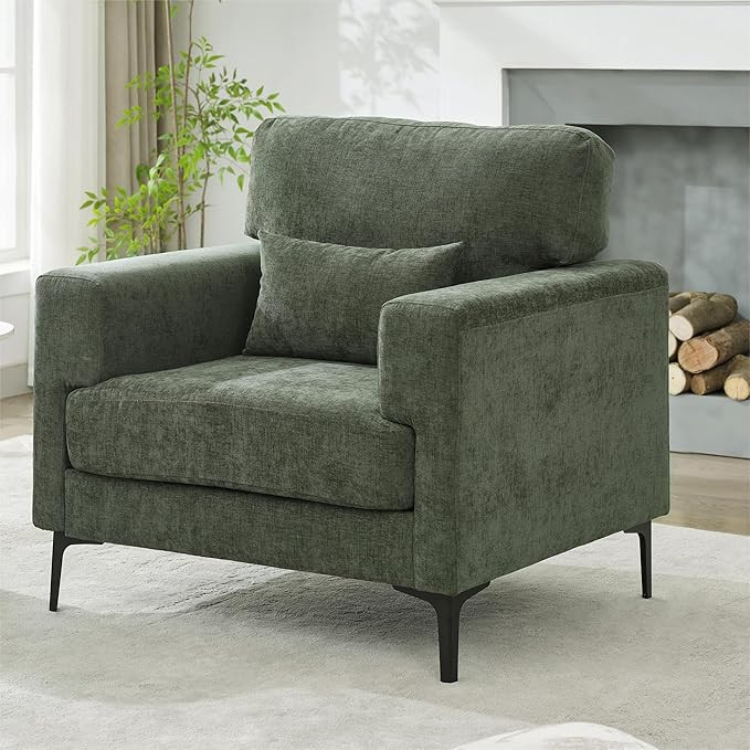 Oversized Chenille Armchair with Metal Legs,Comfy Accent Chair and a Half,Modern Century Single S... | Amazon (US)