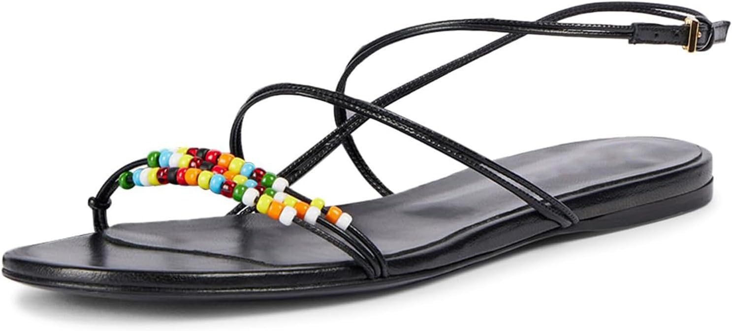 Beaded Strappy Flat Sandals for Women Bohemian Sandals Open Toe Slingback Flats Summer Vacation B... | Amazon (US)
