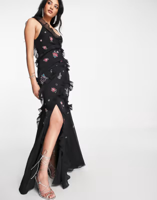 ASOS DESIGN bias cut maxi dress with ruffle detail and floral embellishment in black | ASOS (Global)