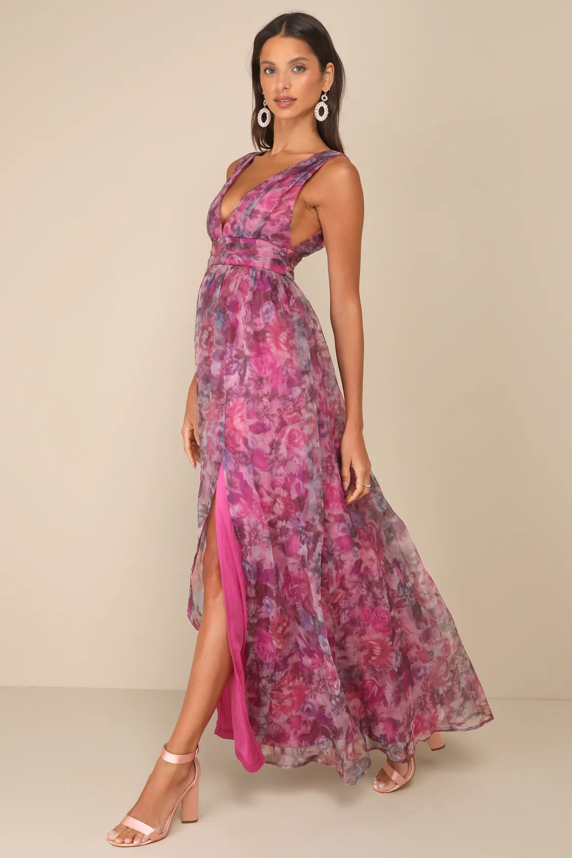 Garden Romance Magenta Floral Print Organza Maxi Dress | Lulus