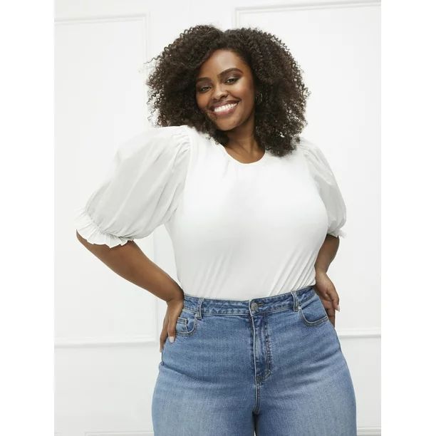 ELOQUII Elements Women's Plus Size Puff Sleeve Ruffle Detail T-Shirt | Walmart (US)