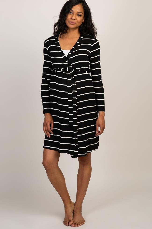 PinkBlush Black Striped Delivery/Nursing Maternity Robe | PinkBlush Maternity