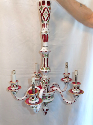 1940s Bohemian White Cut to Cranberry Glass Tall 5 Arm Chandelier Hanging Lamp | eBay US