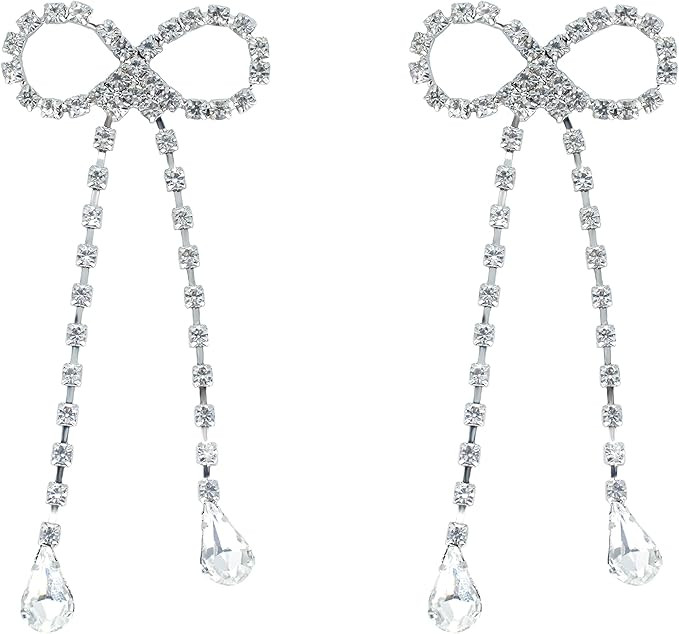 Aslike 925 silver Crystal Bow Earrings Silver Colored Lightweight Rhinestone Drop Earrings for Wo... | Amazon (US)