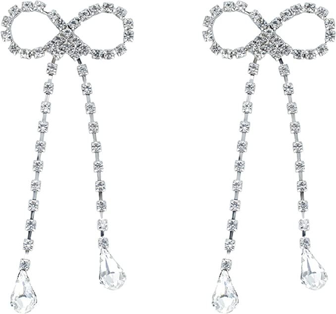 Aslike Crystal Bow Earrings Silver Colored Lightweight Rhinestone Drop Earrings for Women | Amazon (US)