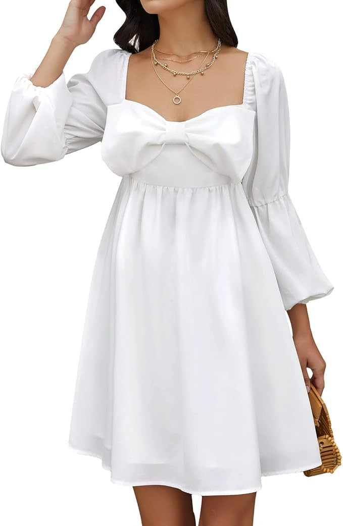 EXLURA Womens Casual Mini Dress Square Bow Neck Long Puff Sleeve Dress Empire Waist Boho Wedding ... | Amazon (US)