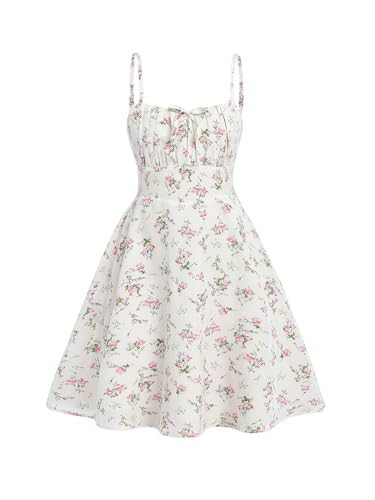 RoseSeek Girl's Floral Print Summer Dress Bowknot Ruched Bust A Line Cami Dress High Waist Ruffle Hem Cute Sun Dresses White and Pink 12Y | Amazon (US)