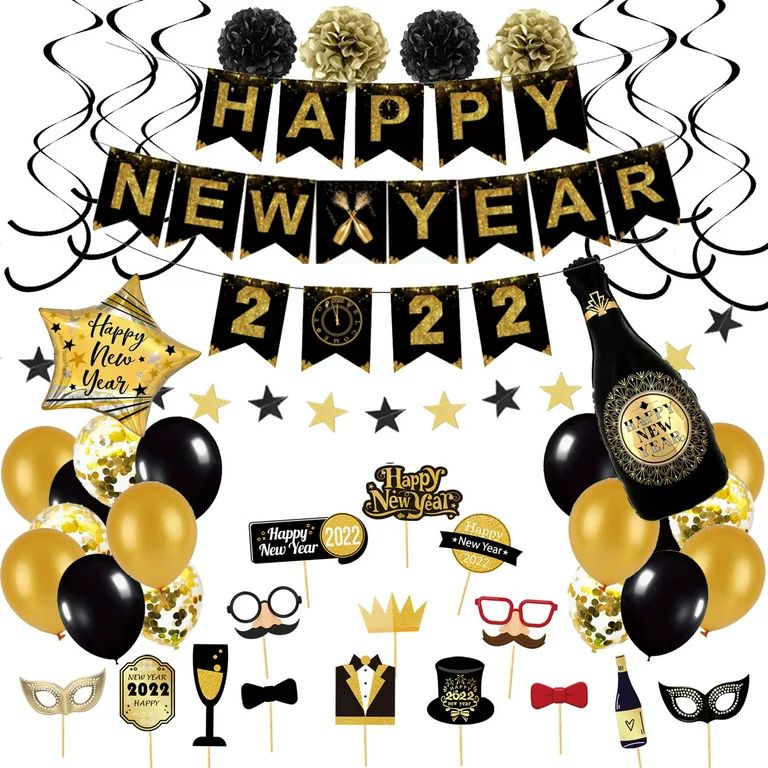 MEGAWHEELS Happy New Year Decorations 2022 Set Black and Gold Happy New Year Party Supplies Ballo... | Walmart (US)