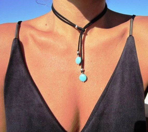 turquoise leather necklace, lariat y shaped necklace, turquoise jewelry silver  bohemian jewelry | Etsy (US)