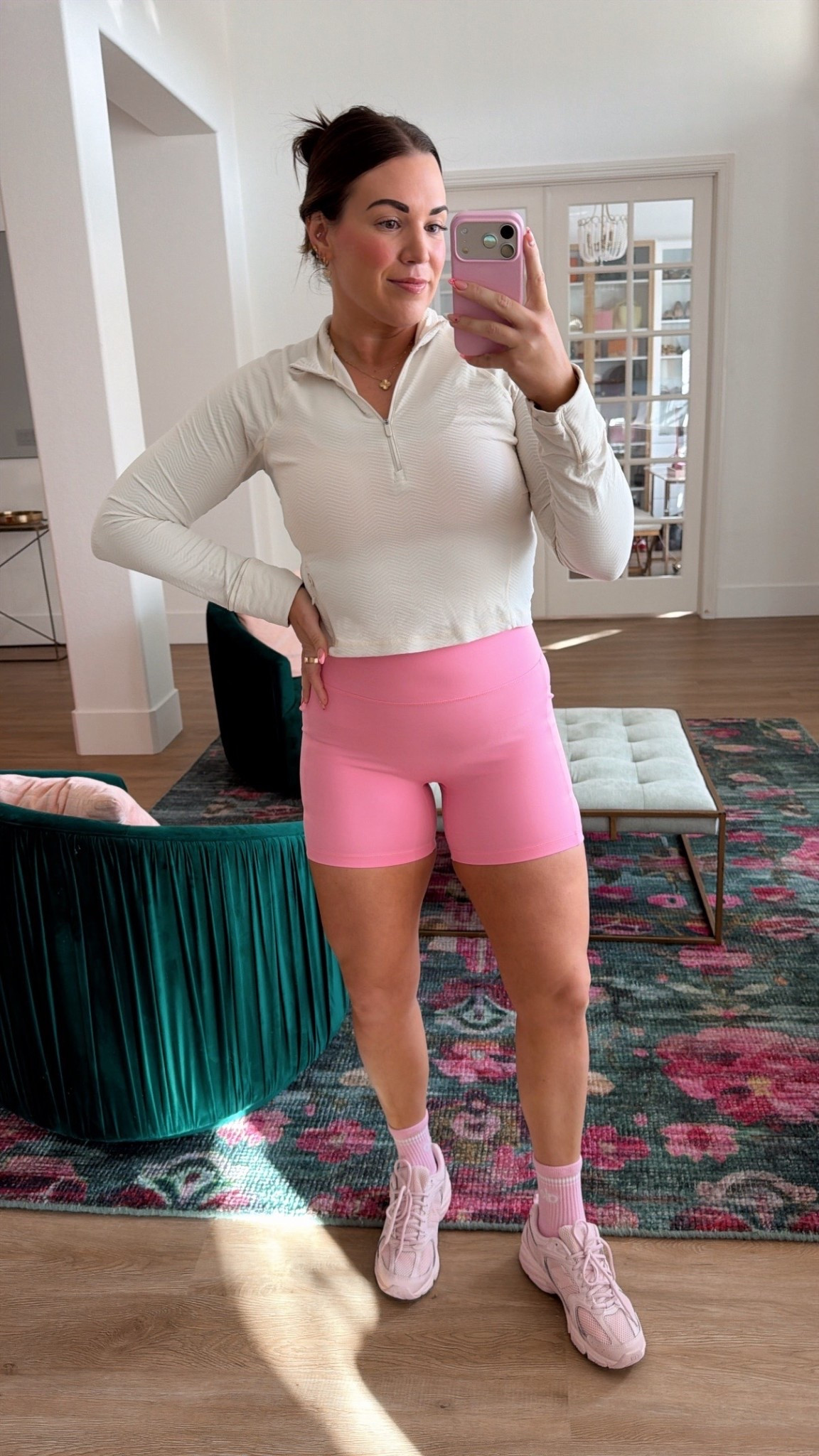curvy midsize workout look! wearing size large on half zip, size large in sports bra and size large in pink 5” shorts 

#LTKActive #LTKfitnessgoals #LTKMidsize