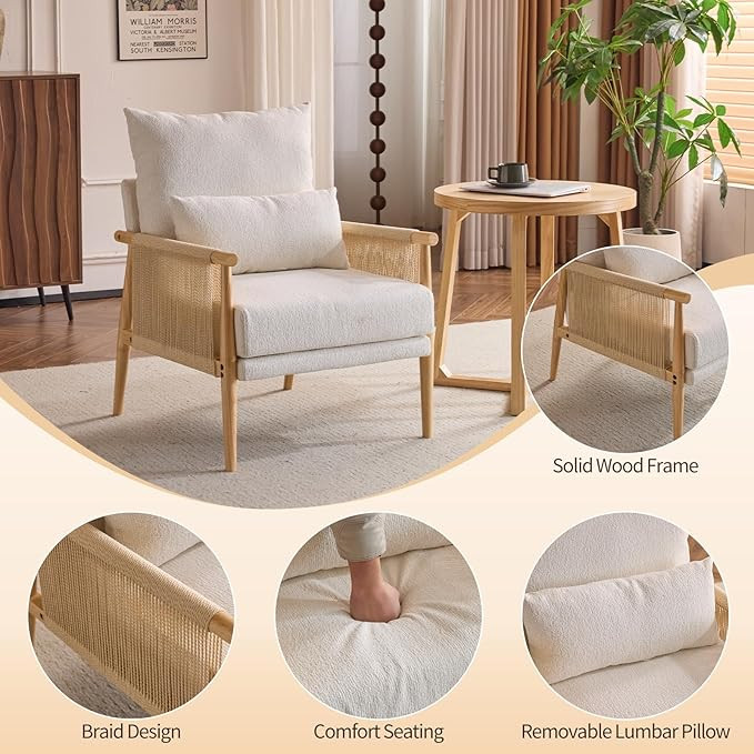 Karl home Cozy Chenille Accent Chair with Lumbar Pillow & Rattan Arms Modern Lounge Chair for Liv... | Amazon (US)