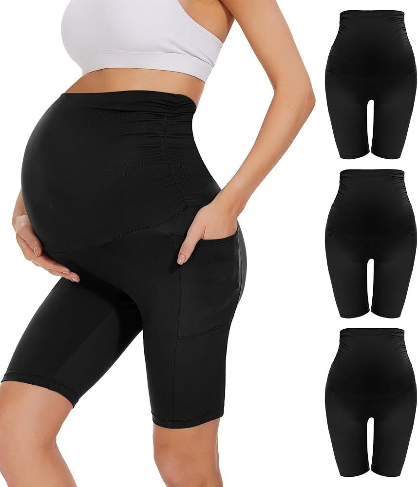 HIGHDAYS 3 Pack Maternity Shorts Over The Belly - 8" Women's Pregnancy Biker Shorts for Yoga | Amazon (US)