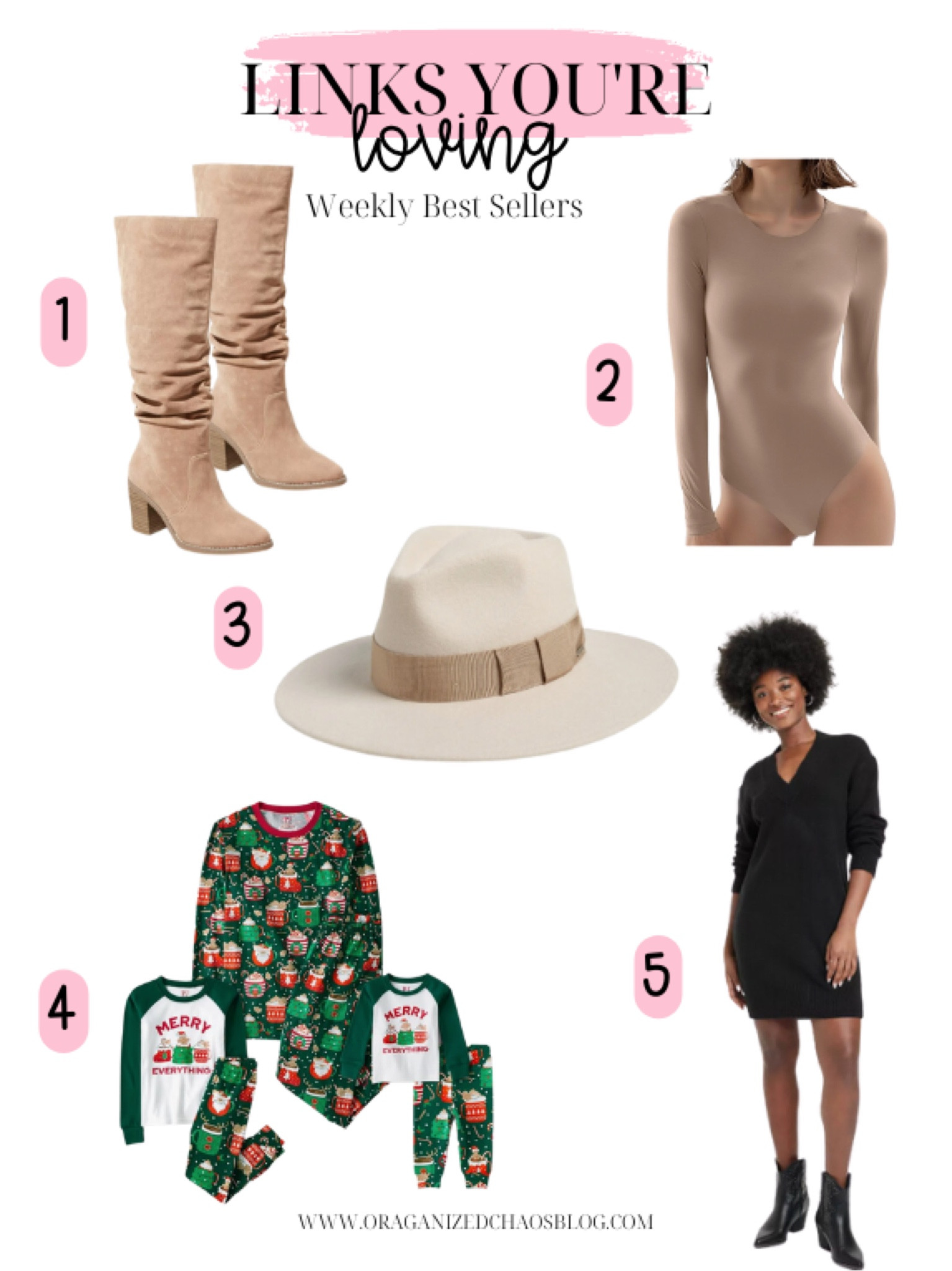 Weekly best sellers 

Target knee high Boots
Bodysuit
Felt hat
Christmas Family Pjs
Sweater Dress

#LTKSeasonal #LTKHoliday #LTKfindsunder50