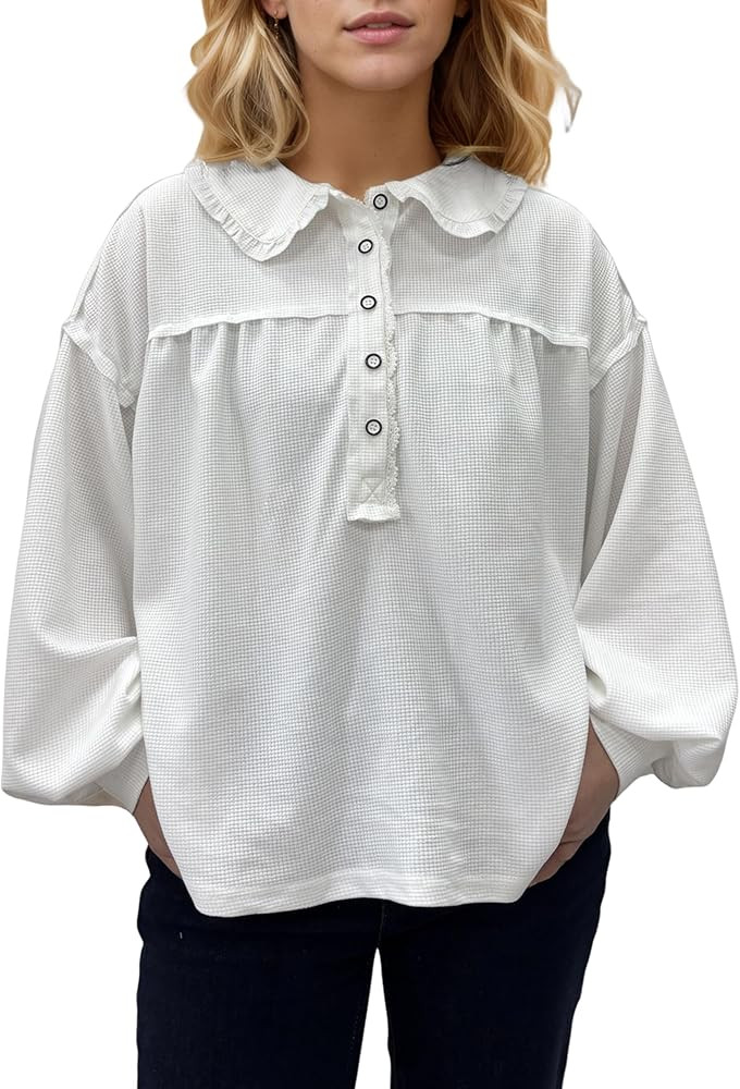 Womens Waffle Knit Shirt Long Sleeve Tops Oversized Shirt Collared V Neck Button Up Fashion Cloth... | Amazon (US)