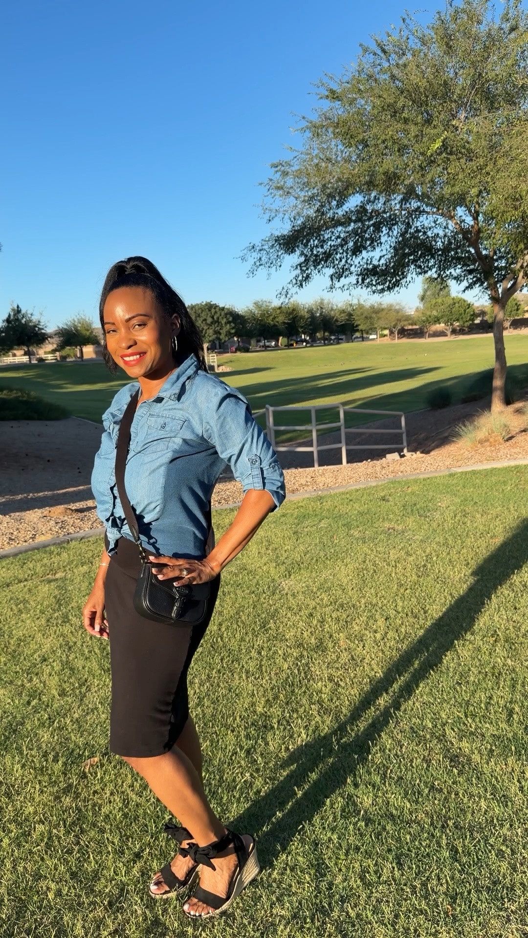 I need an outfit with some type of denim added for an event in so I paired this midi dress with a button up top. I loved how it turned out. This Coach bag is perfect when I don’t need to carry a lot.

#LTKootd #LTKPetite