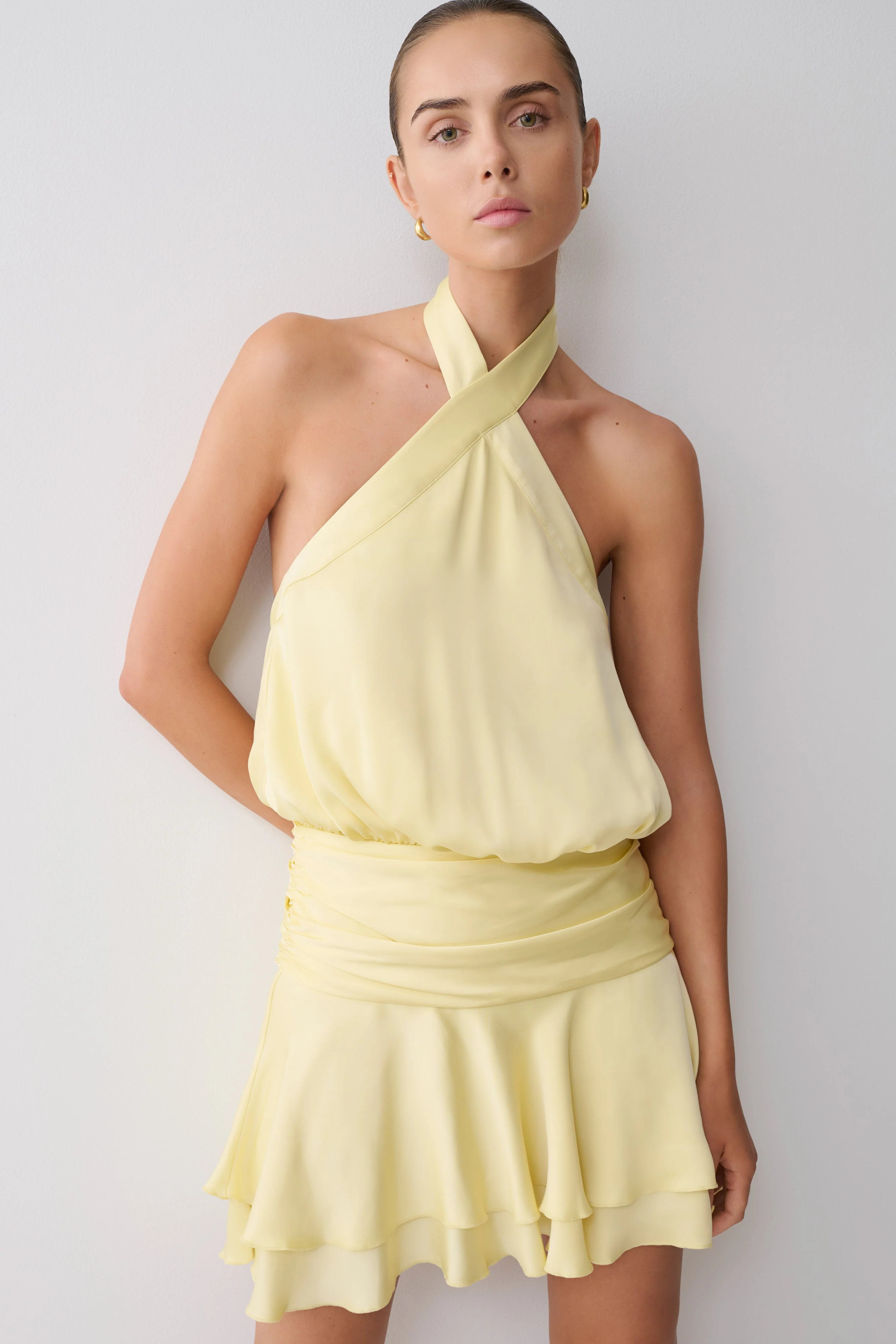 Poppy Satin Halter Mini Dress - Lemon | Meshki UK