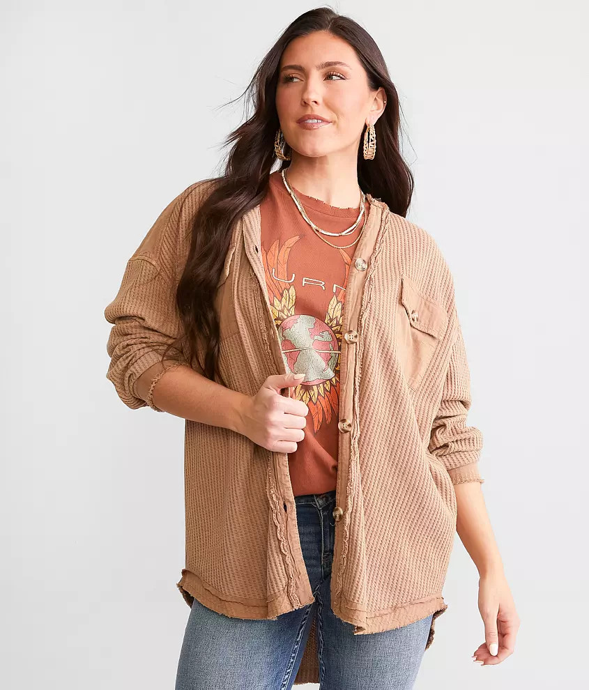 Oversized Waffle Knit Hooded Shirt | Buckle