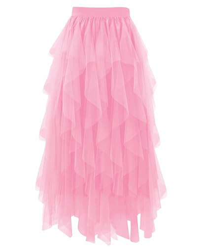 THHGPO Tulle Skirts for Women A Line Fairy Tiered Skirt Midi Length High Elastic Waist Long Skirt Baby Pink S | Amazon (US)