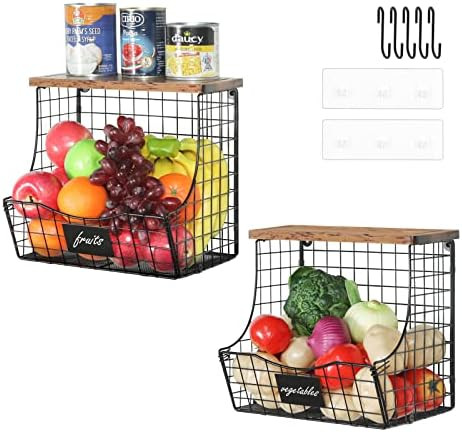 Fruit Basket with Wood Lid Naming Plate&Hooks 2 Pack, Wire Basket Counter&Wall Mounted, Stackable St | Amazon (US)