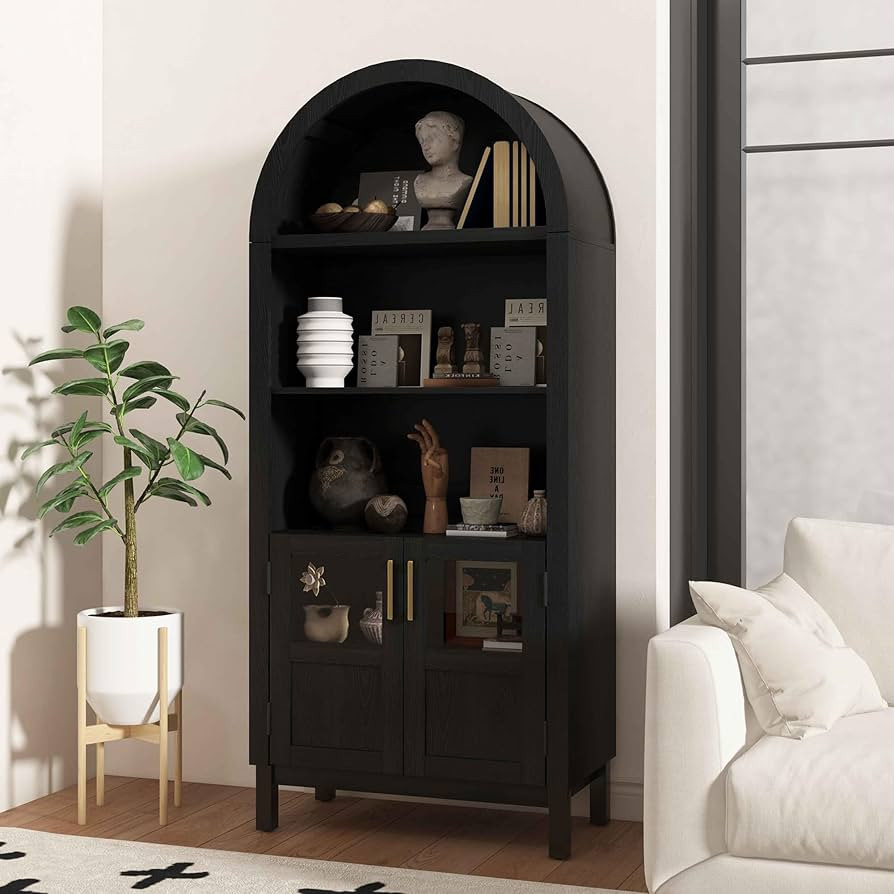 70" Tall Arched Cabinet, 5-Tier Arch Cabinet with Open & Adjustable Shelves, Glass Door & Metal H... | Amazon (US)
