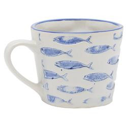 Gideon Coastal White Stoneware Blue Fish Mug - Set of 4 | Kathy Kuo Home