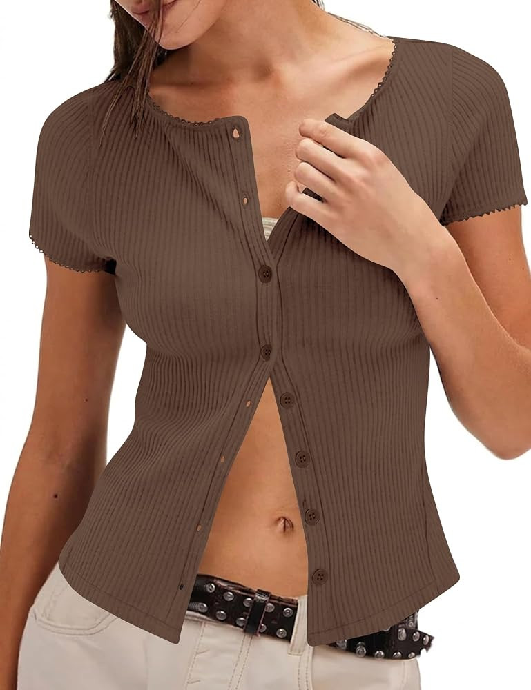Micoson Womens Y2k Tops Button Down Short Sleeve Shirts Lightweight Summer Cardigans Slim Fit Rib... | Amazon (US)
