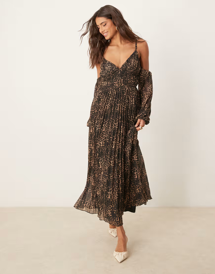 ASOS DESIGN plunge bardot pleated midaxi dress in animal print-Multi | ASOS (Global)