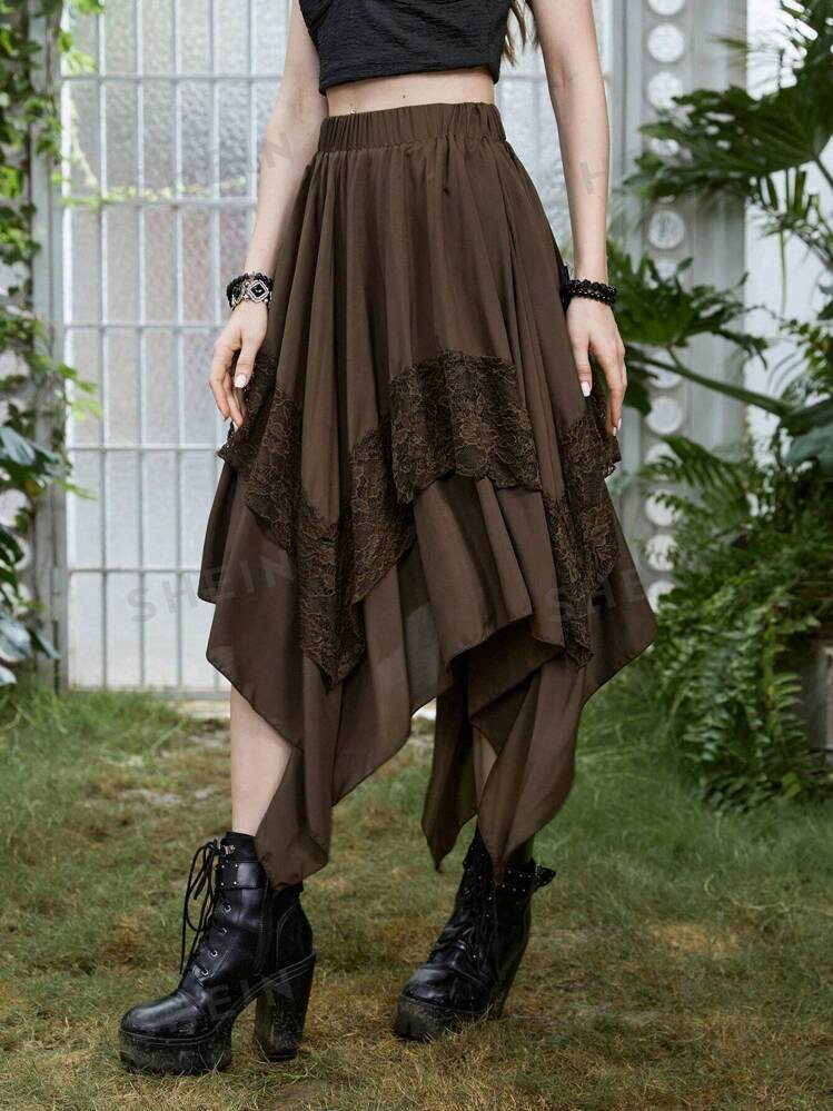 ROMWE Goth Contrast Lace Hanky Hem Skirt | SHEIN USA | SHEIN