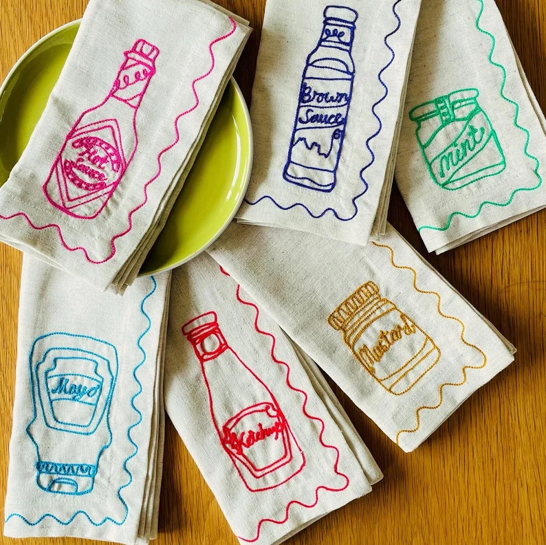 Set of 6 cotton linen napkins embroidered with food condiments | Etsy (US)
