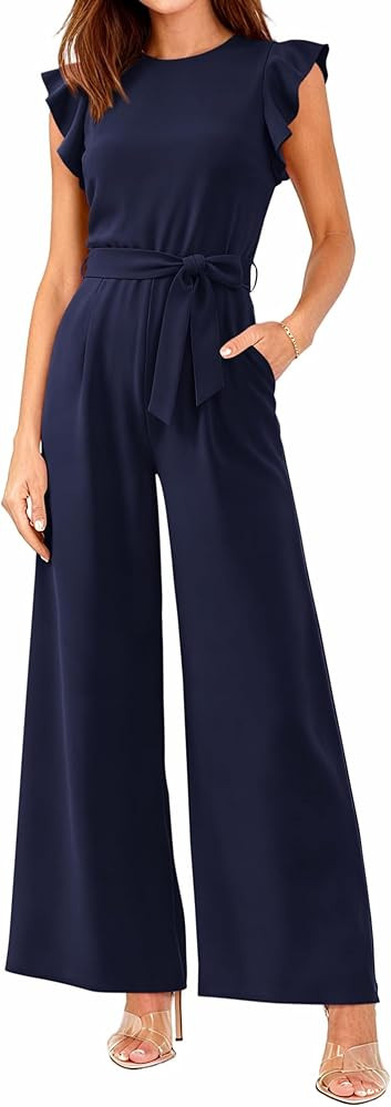 BTFBM Jumpsuits For Women 2026 Crew Neck Dressy Cap Sleeve Belted High Waist Wide Leg Romper One ... | Amazon (US)