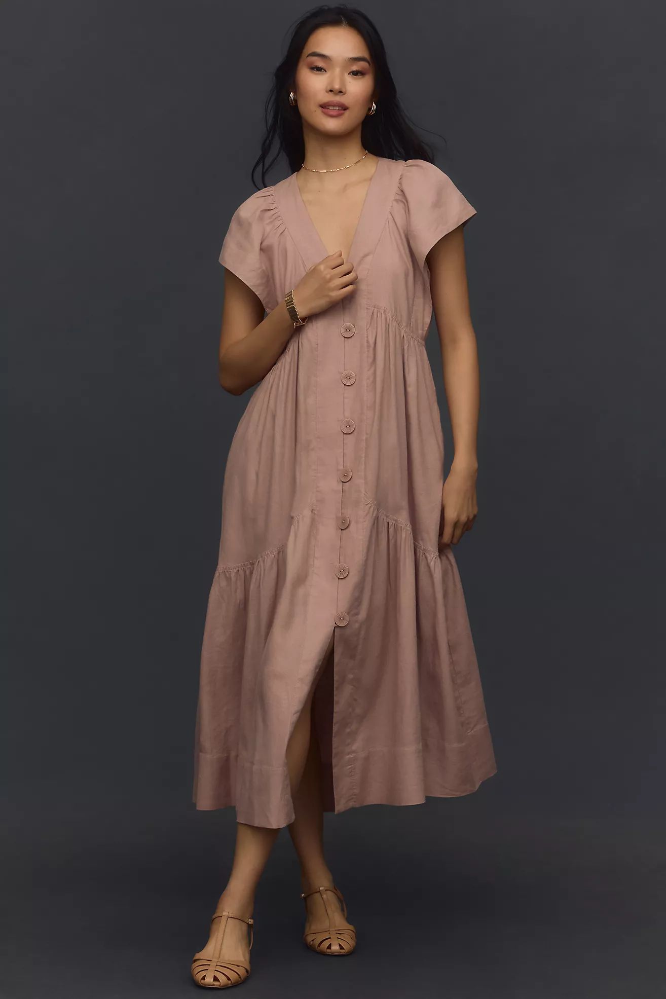 By Anthropologie Flutter-Sleeve Linen Button-Front Midi Dress | Anthropologie (US)