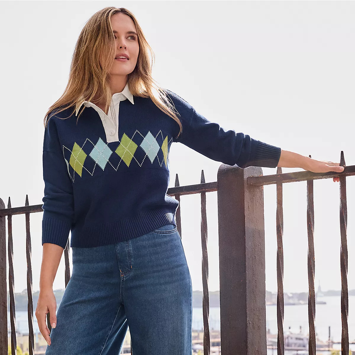 Women's Drifter Jacquard Rugby with Woven Collar Sweater | Lands' End (US)
