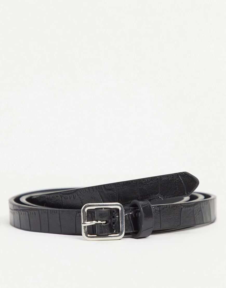 ASOS DESIGN super skinny belt in black matte faux croc with silver buckle | ASOS (Global)