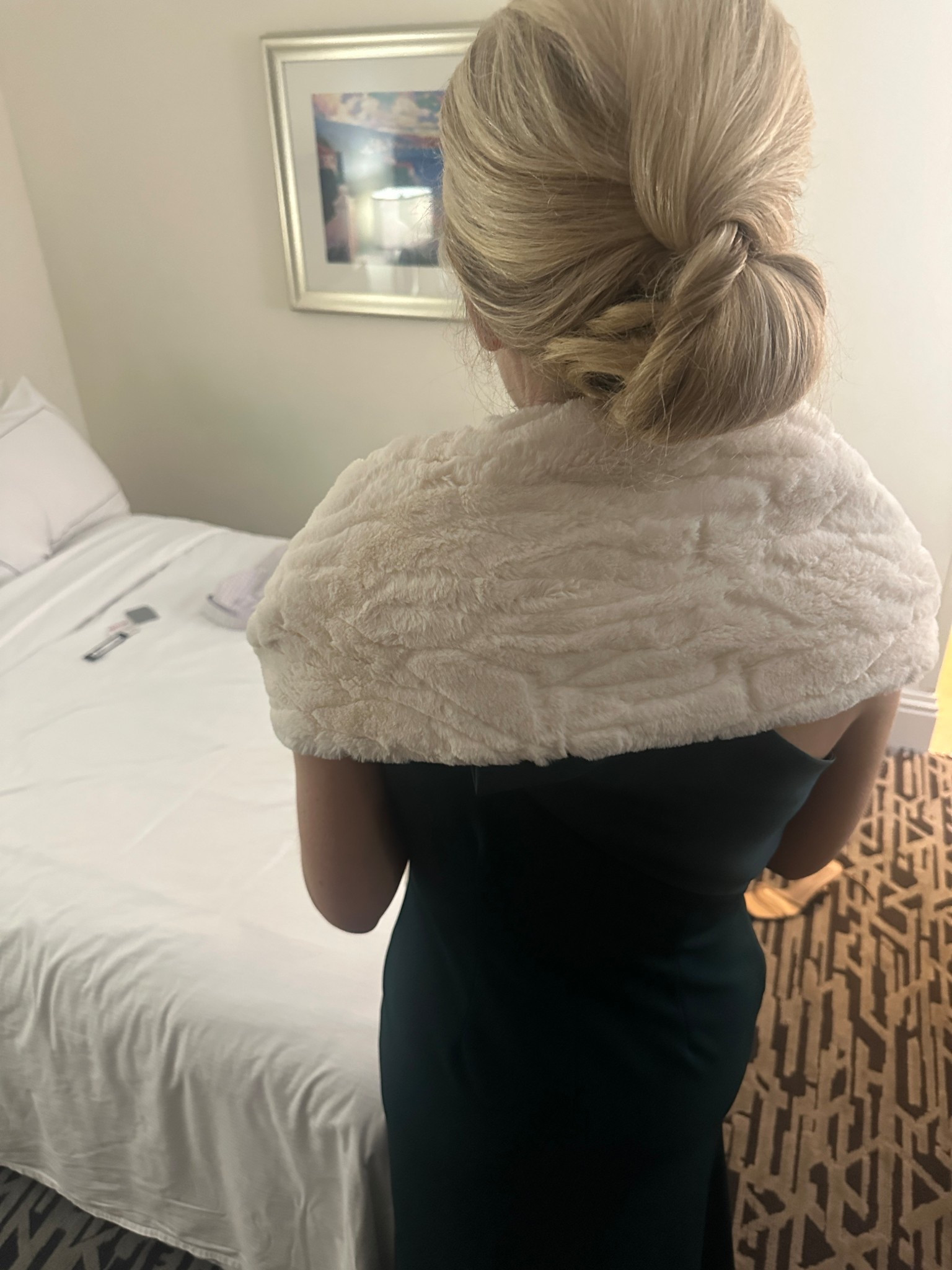 Hair looks pretty good after 15 hours! This faux fair stole came in handy in the cold ballroom! Linked similar below. 

#LTKHoliday