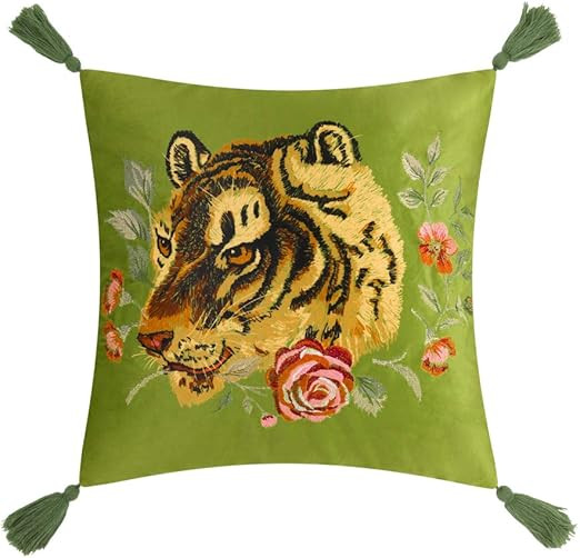 Amazon.com: JWH Tiger Velvet Throw Pillow Cover Decorative Flower Emboidered Accent Pillow Case P... | Amazon (US)