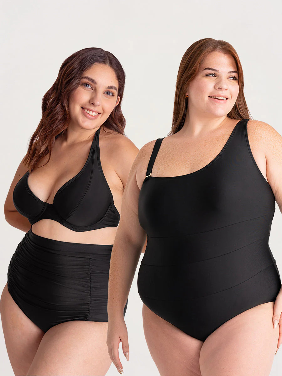 Bundle Shapermint Essentials - 1 Bikini Bottom + 1 Halter Bikini Top + 1 One Shoulder Control Swimsuit Shapewear Black S | Shapermint