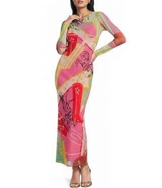 Never Fully Dressed Dallas Western Motif Print Crew Neck Long Sleeve Mesh Maxi Dress | Dillard's | Dillard's