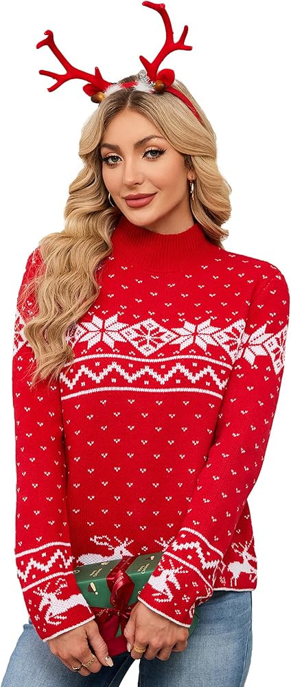 SunnyMelody Womens Ugly Christmas Mock Turtleneck Sweater Winter 2025 Ladies Reindeer Snowflake L... | Amazon (US)