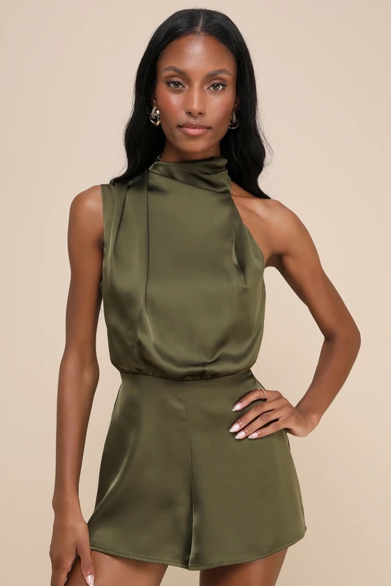 Advantageous Perfection Olive Green Satin Asymmetrical Romper | Lulus