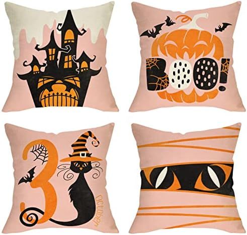 Fjfz Halloween Black Cat Pumpkin Decorative Throw Pillow Cover Set of 4, Boo Witch Hat Castle Por... | Amazon (US)