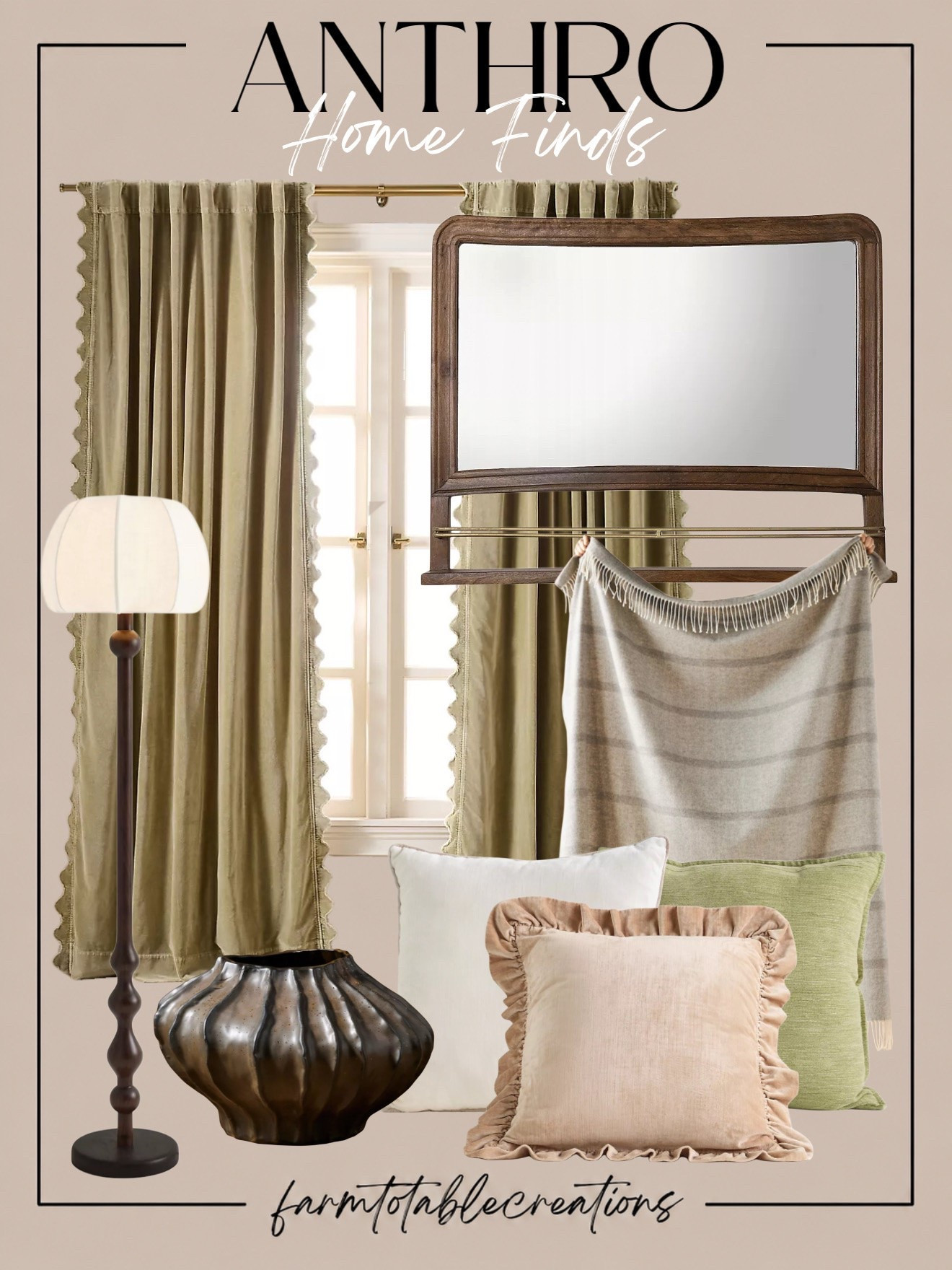 Anthro Cozy Home Finds 🤎🌿

Soft, collected, and effortlessly cozy—these Anthro finds are all about adding warmth and texture to your home. The olive scalloped curtains, sculptural lighting, vintage-inspired mirror, cozy throw, and layered neutral pillows create that perfectly relaxed designer look.

Follow @farmtotablecreations on Instagram for more cozy home finds and trending decor.

I love the mix of earthy greens, warm woods, soft neutrals, and subtle ruffles. These pieces would be gorgeous for transitioning your home into fall without going full-on seasonal decor.

#LTKHome #Anthropologie #AnthroHome #AnthroFinds #AnthropologieHome #CozyHome #FallHome #FallDecor #NeutralHome #GreenDecor #DesignerInspired #HomeDecor #CozyDecor #InteriorInspo #LTKFinds

#LTKHome #LTKSaleAlert