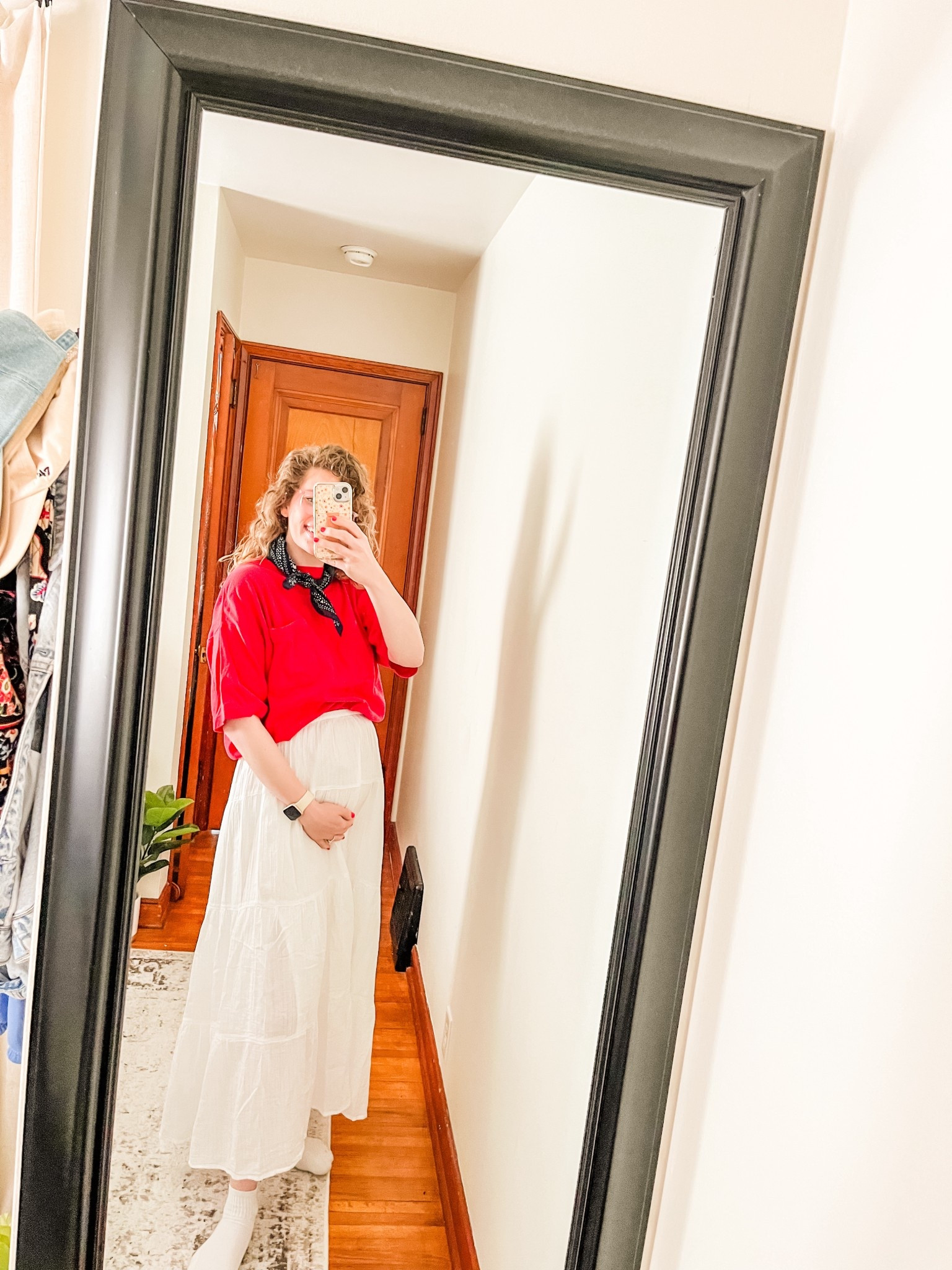 Size medium in skirt and size large in top! I love these bandanas from old navy! They are so light I don’t even notice I’m wearing them! 