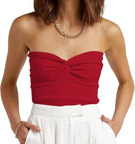 EFAN Womens Tube Tops Summer Outfits 2025 Casual Beach Vacation Clothes Sweaters Strapless Sleeveless Tank Tops Red XS | Amazon (US)